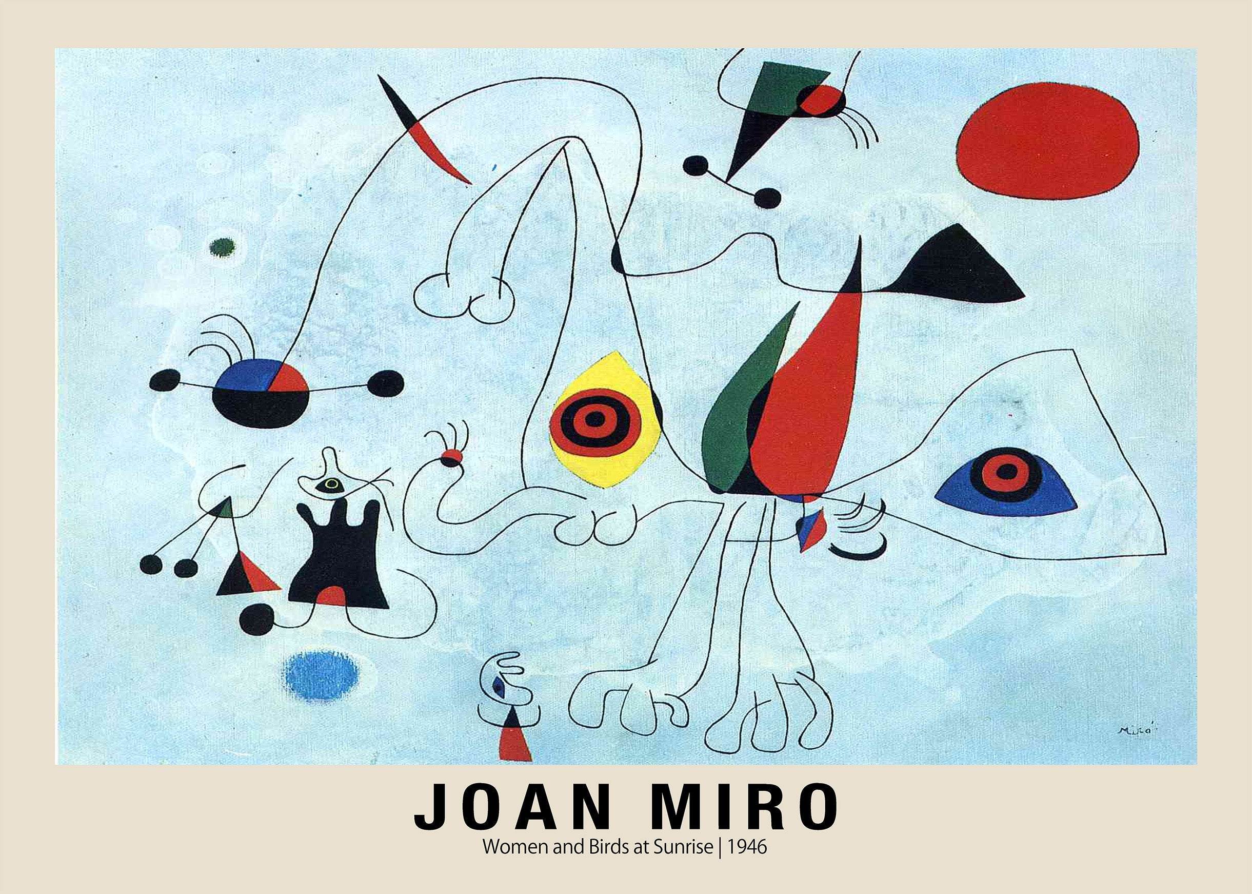Abstract painting by Joan Miró titled "Women and Birds at Sunrise" (1946), featuring black lines, bright primary colored shapes, and a light blue background.