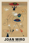 Joan Miro abstract surrealist painting, "Women and birds in the night," featuring bold lines, geometric shapes, and primary colors on a textured tan background.