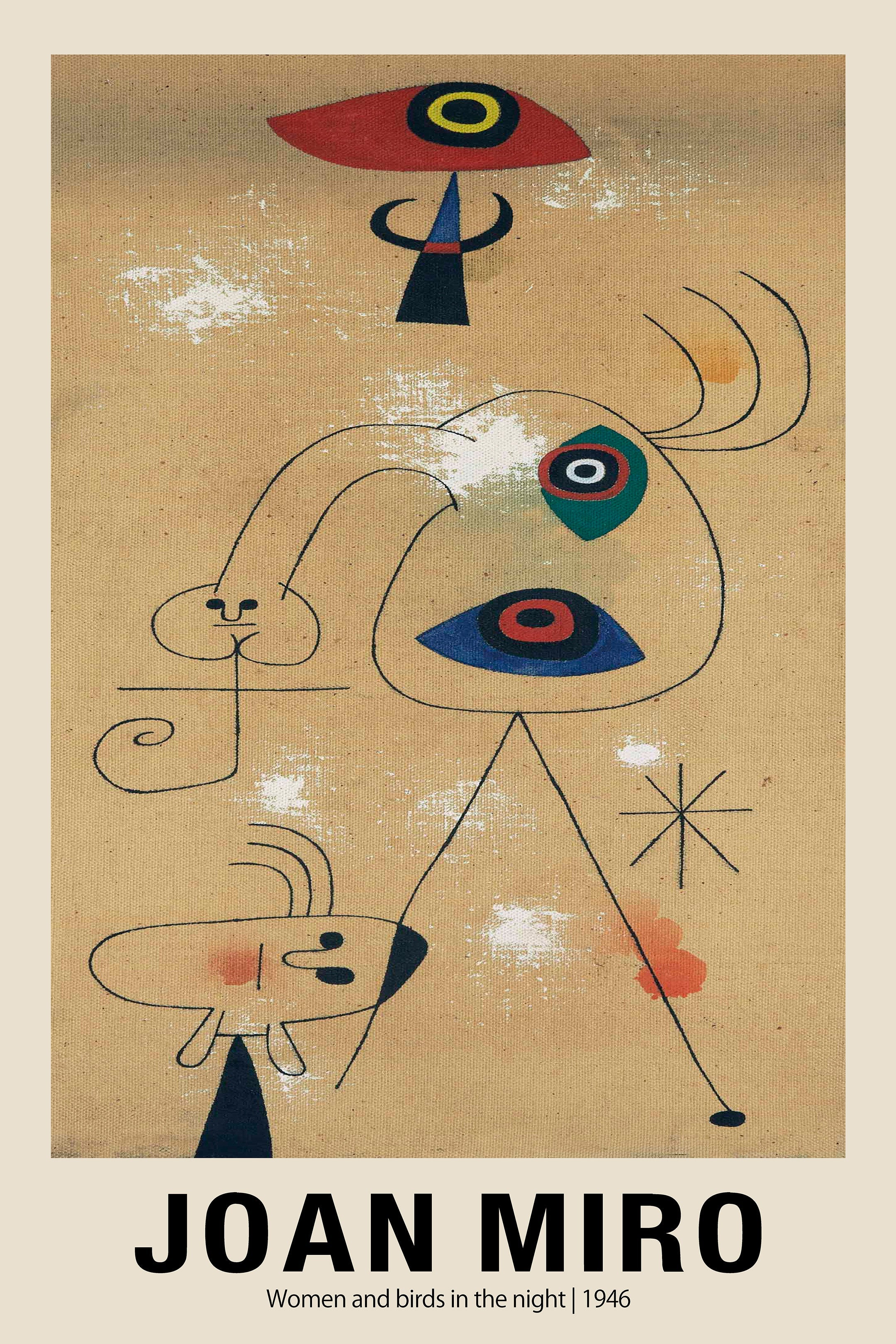 Joan Miro abstract surrealist painting, "Women and birds in the night," featuring bold lines, geometric shapes, and primary colors on a textured tan background.