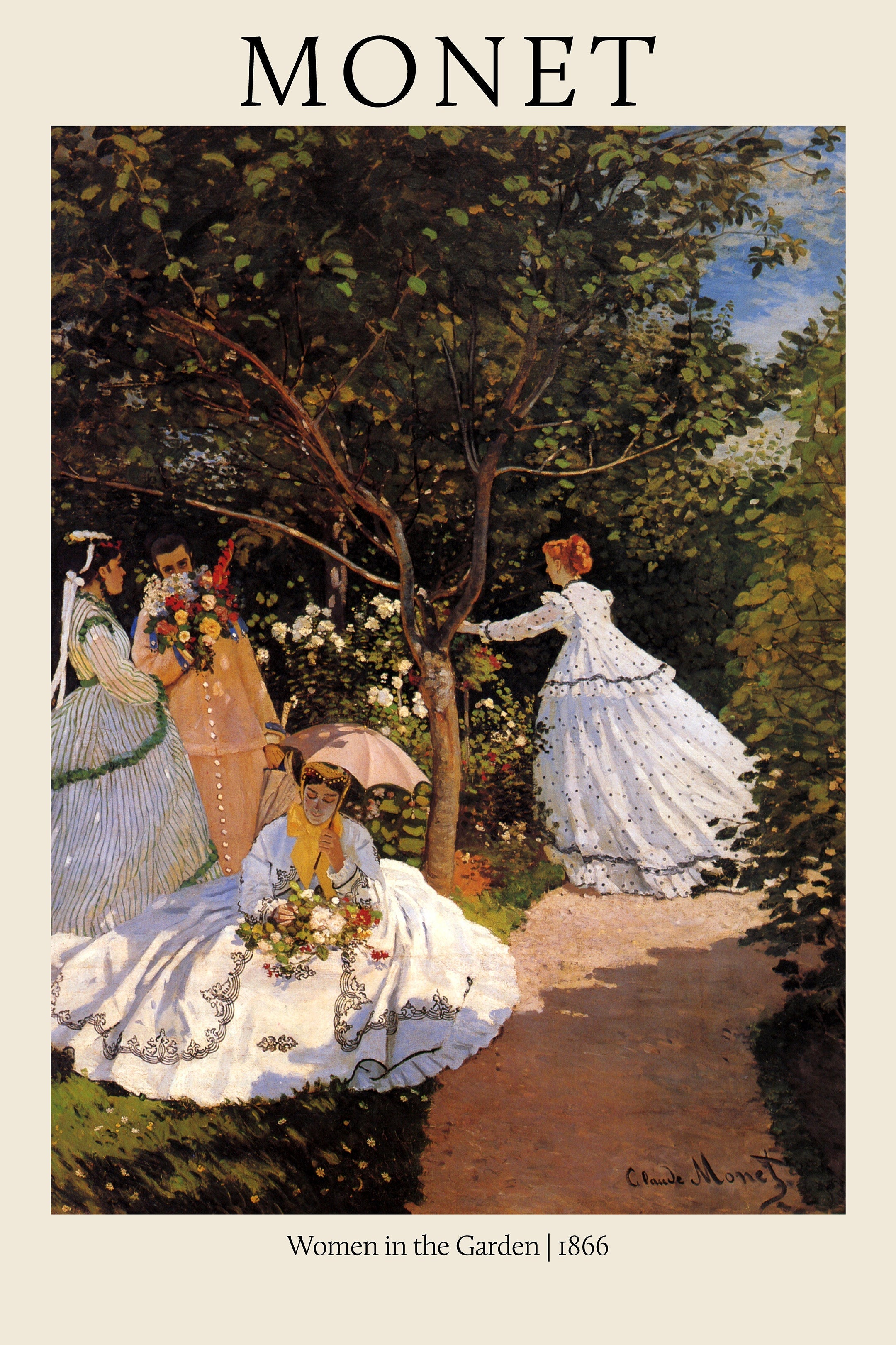 Vertical museum poster of Claude Monet's 1866 painting, "Women in the Garden," showing four women in Victorian dresses under a dense tree canopy.