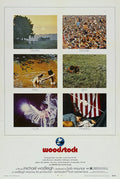 Woodstock 1970 poster collage with images of tents, large crowd, people in water, resting on grass, a musician performing, and an American flag.