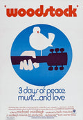 Woodstock festival poster with white bird on guitar headstock, text '3 days of peace, music and love'