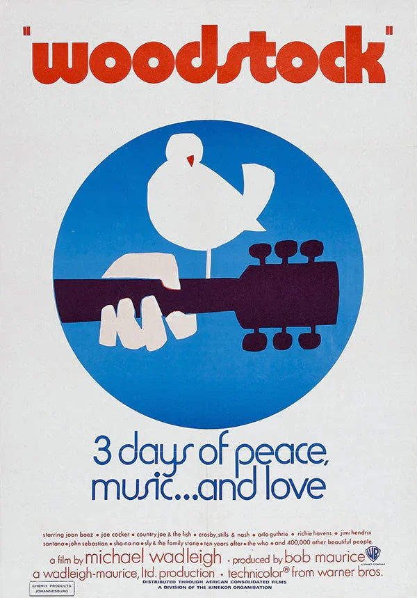 Woodstock festival poster with white bird on guitar headstock, text '3 days of peace, music and love'