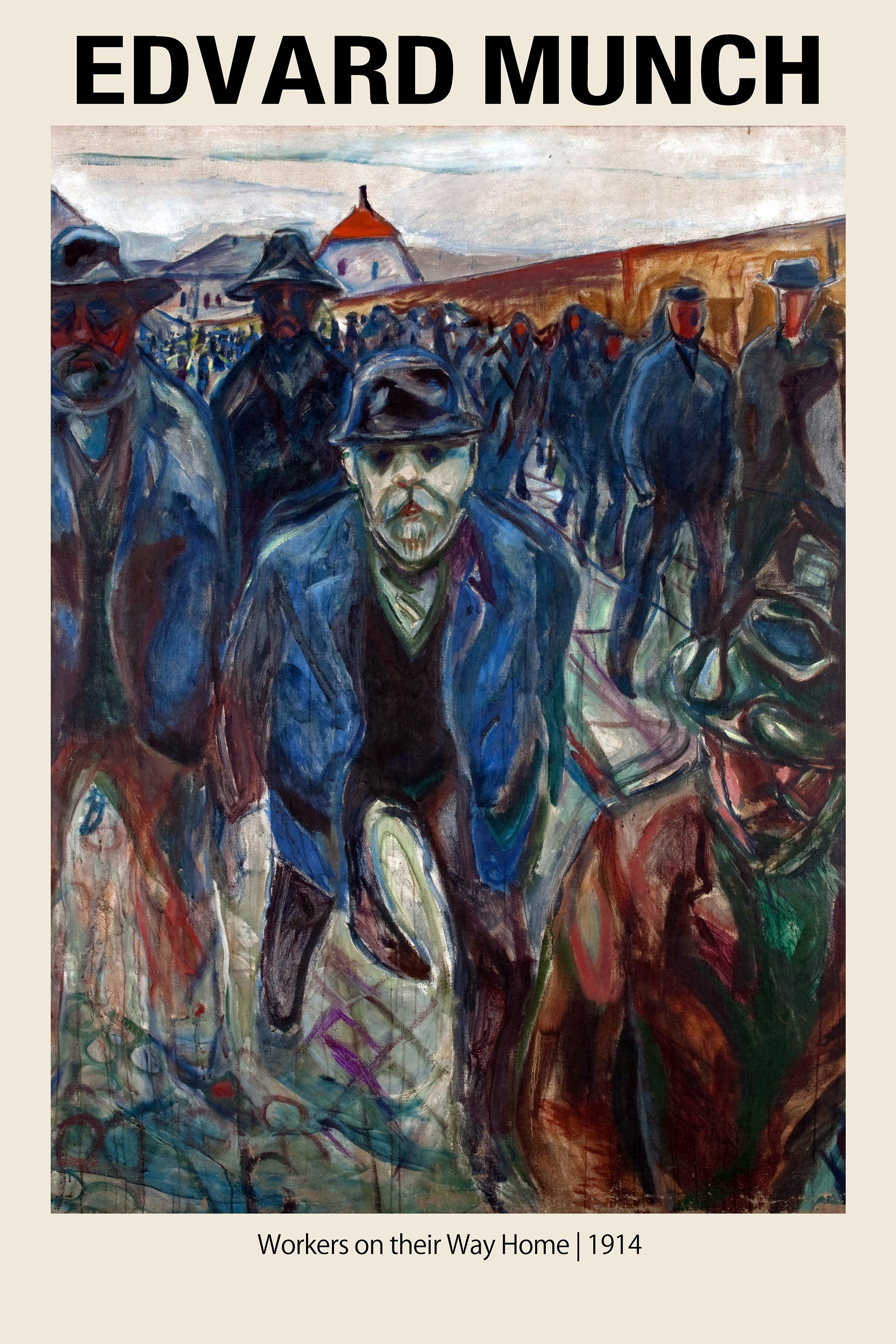 Edvard Munch painting "Workers on their Way Home" (1914) featuring a group of blue and brown clad laborers in an Expressionist style.