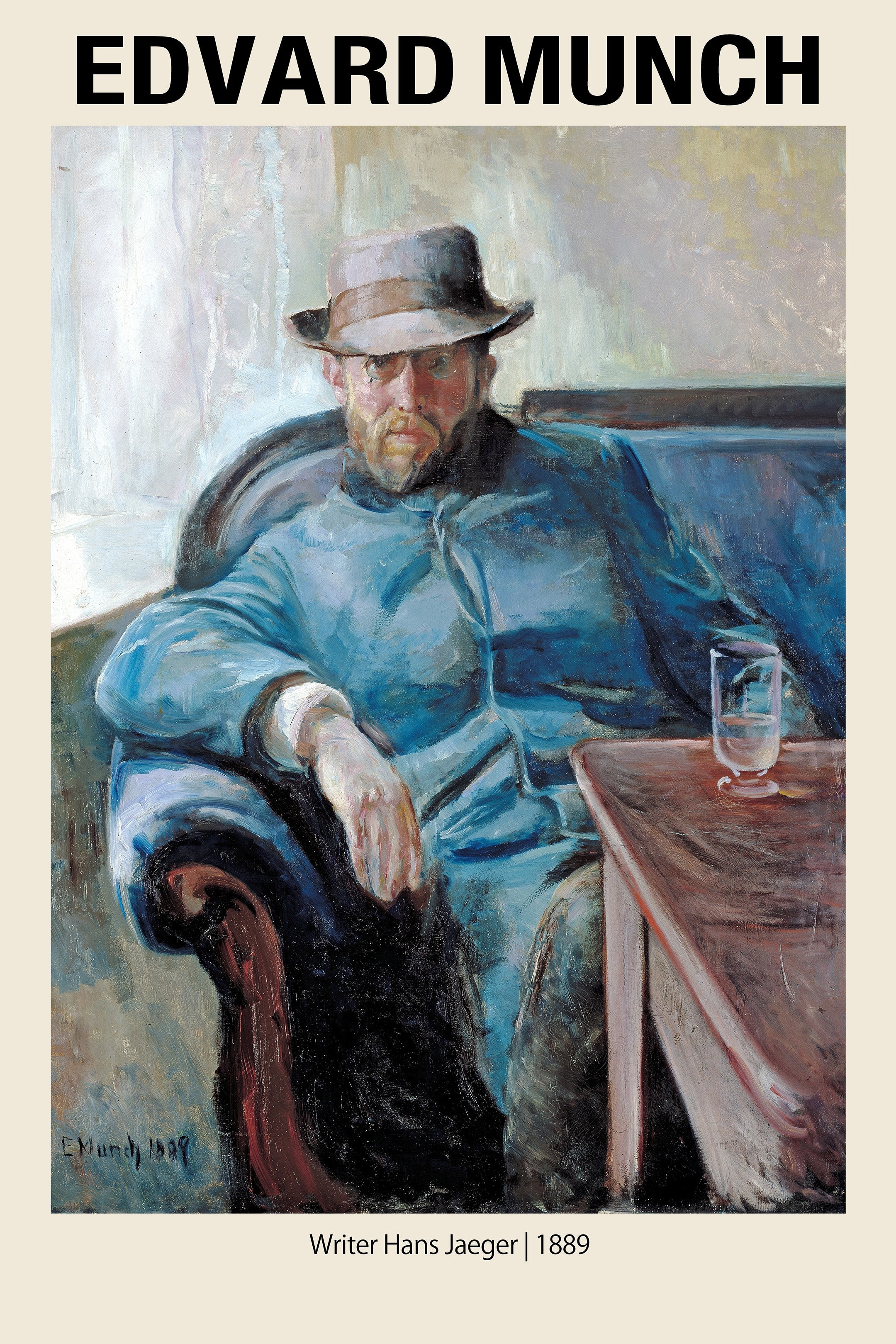 Edvard Munch oil painting, "Portrait of Hans Jaeger," showing the writer seated in a blue coat and hat, dated 1889.