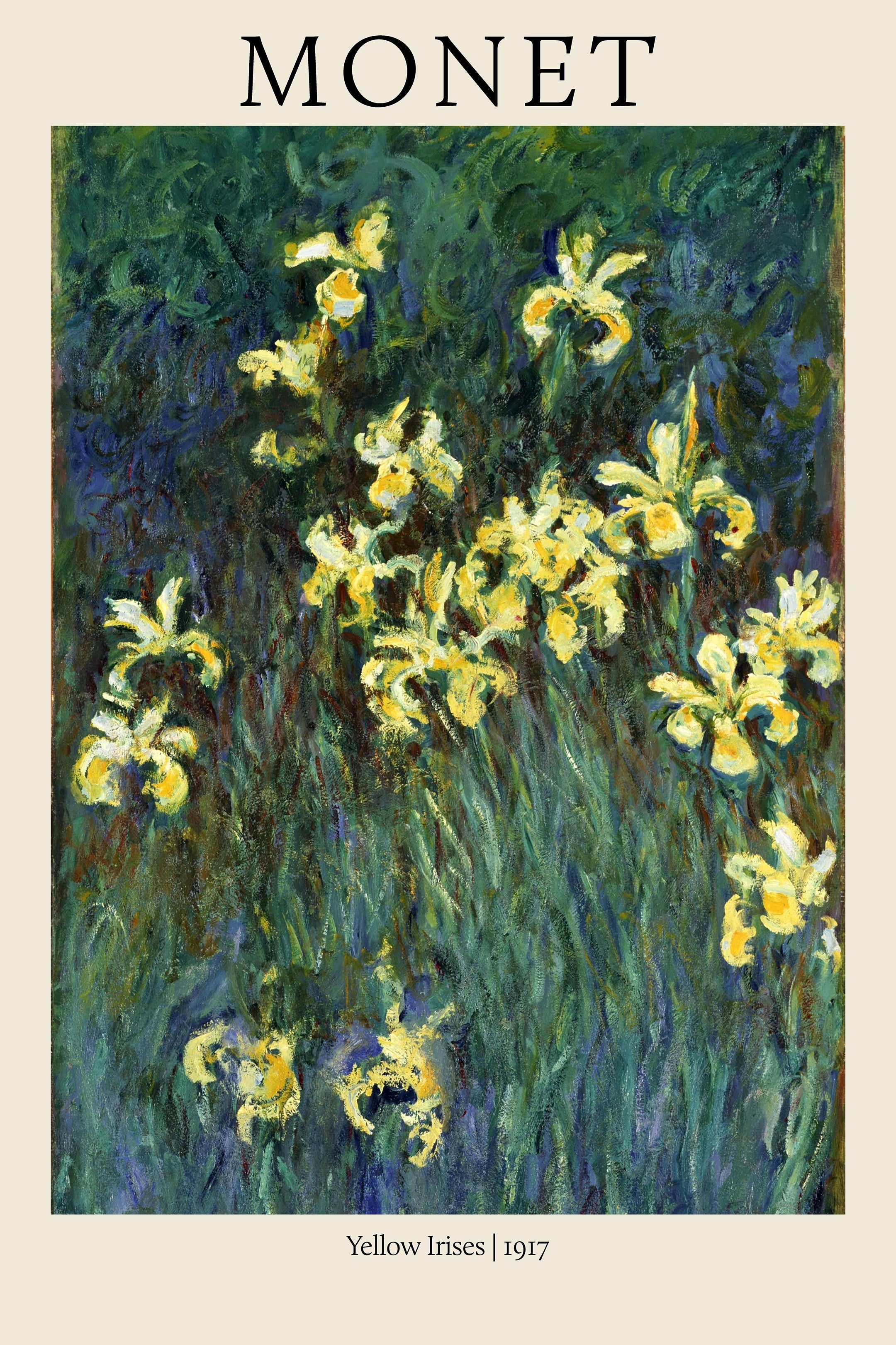 Oil painting reproduction by Claude Monet titled "Yellow Irises," 1917, featuring thick green and blue brushstrokes highlighting bright yellow flowers.