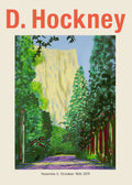 Vibrant reproduction of David Hockney's Yosemite II, 2011, showing the yellow cliff face and lush green forest rendered in an expressive digital painting style.