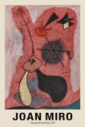 High-quality print of Joan Miró's 1939 painting, "Young Girl Running," showing abstract shapes, thick red texture, black lines, and a beige border.