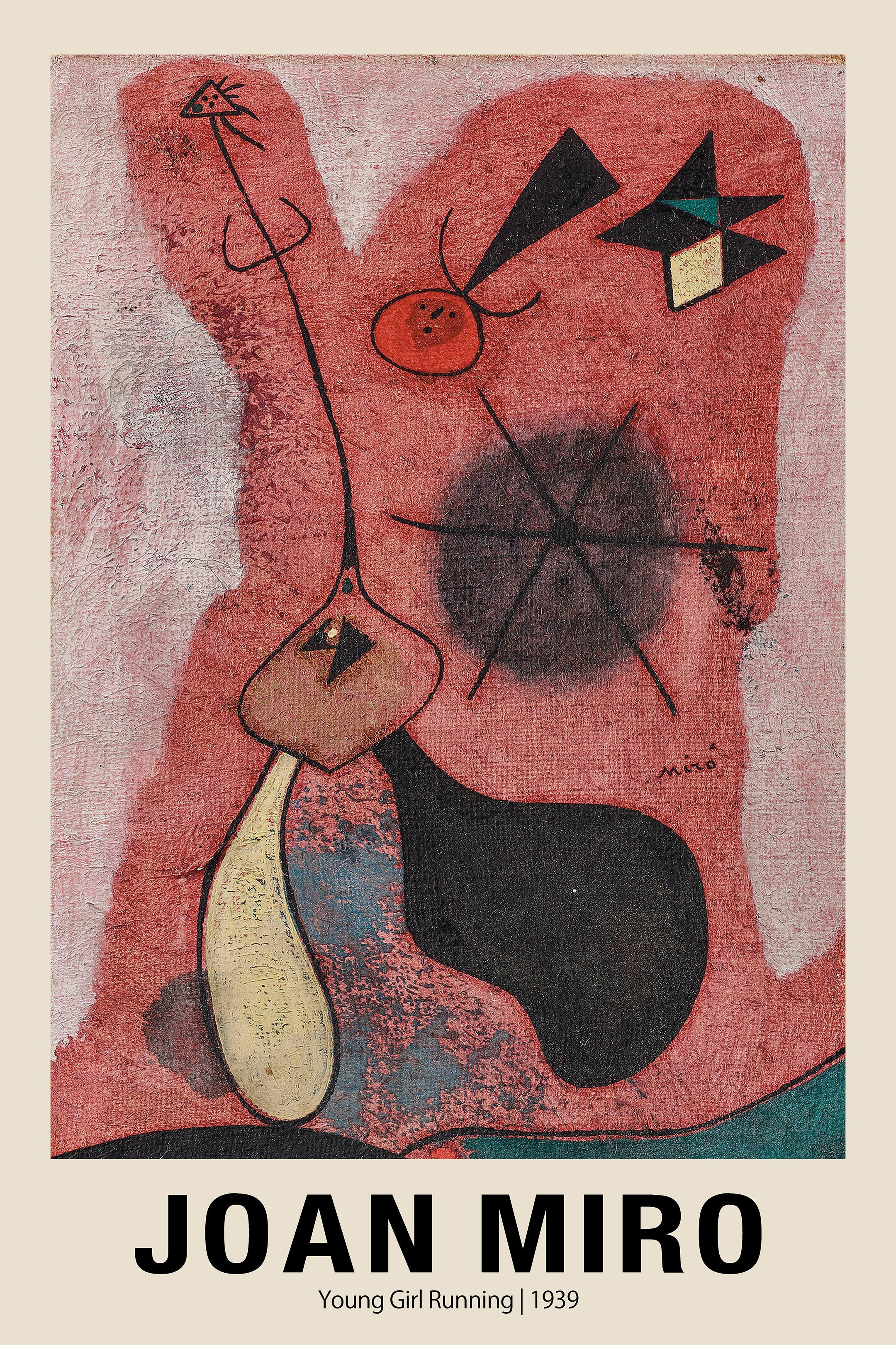 High-quality print of Joan Miró's 1939 painting, "Young Girl Running," showing abstract shapes, thick red texture, black lines, and a beige border.