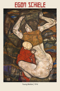 Egon Schiele painting titled "Young Mother" (1914), depicting a nude mother holding a child dressed in red, using expressionistic, raw brushstrokes.
