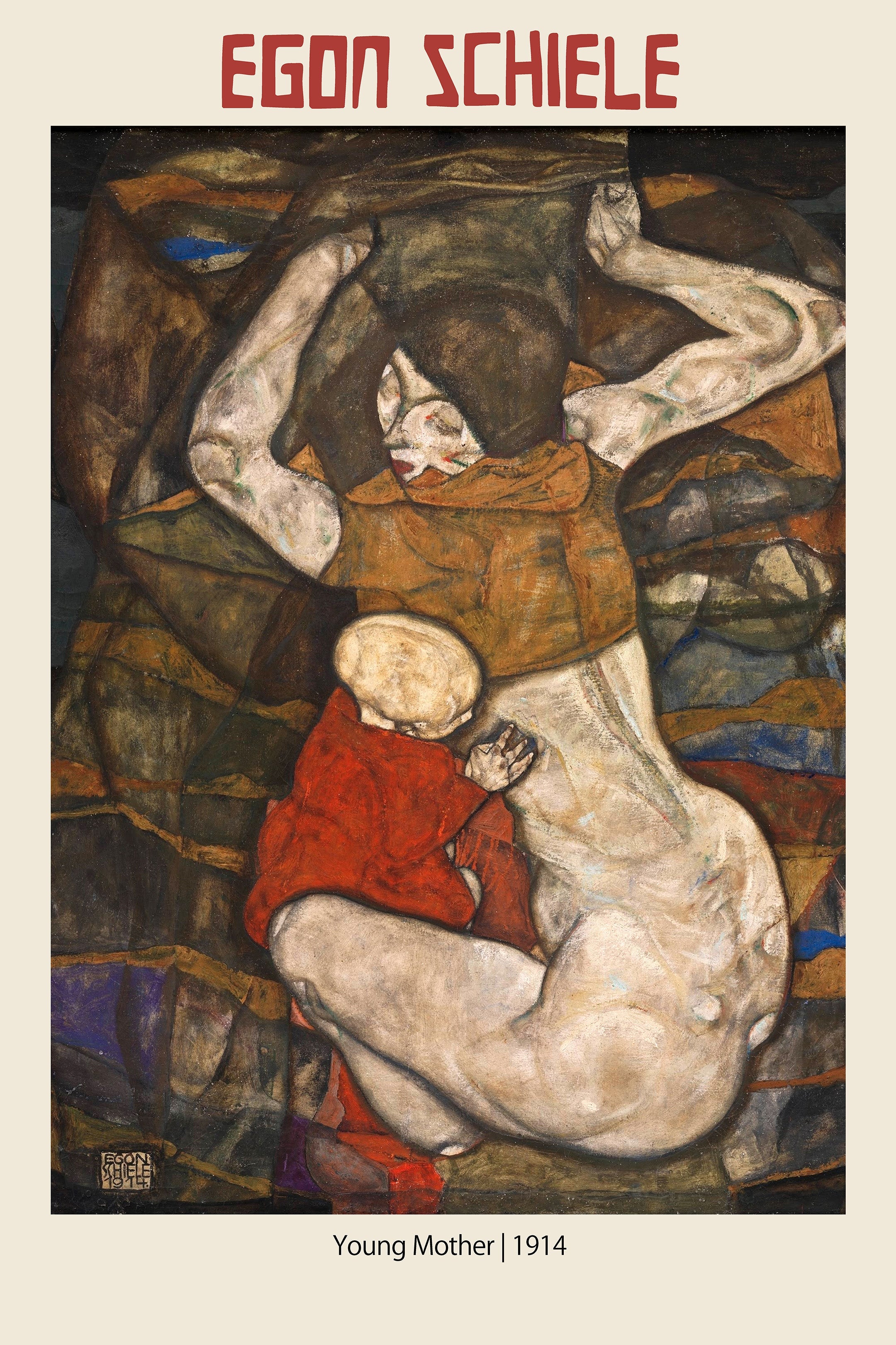 Egon Schiele painting titled "Young Mother" (1914), depicting a nude mother holding a child dressed in red, using expressionistic, raw brushstrokes.