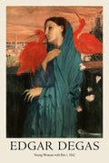 Oil painting by Edgar Degas showing a solemn woman in a teal veil flanked by two large, vivid red ibis birds against an earthy orange skyline.