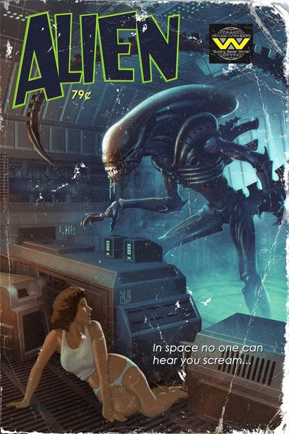 Retro Alien movie poster art showing Ripley facing the Xenomorph in a distressed, 79¢ pulp sci-fi comic style.