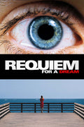 Iconic Requiem for a Dream movie poster showing a close-up bloodshot blue eye, the title, and a woman in a red dress on a seaside pier.