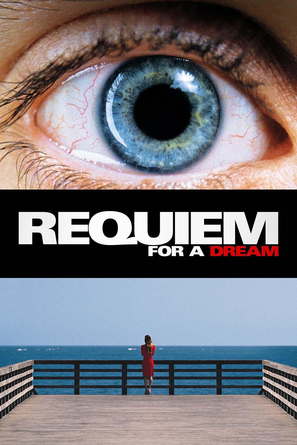 Iconic Requiem for a Dream movie poster showing a close-up bloodshot blue eye, the title, and a woman in a red dress on a seaside pier.