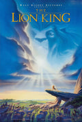 Original theatrical poster for The Lion King showing young Simba standing on Pride Rock with Mufasa's spirit in the vast blue clouds above.