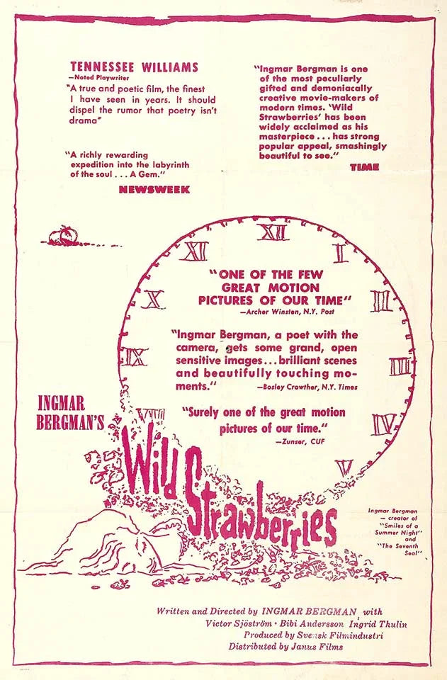 Minimalist vintage promotional poster for Ingmar Bergman's 1957 film, Wild Strawberries, featuring magenta clock artwork and critical acclaim.