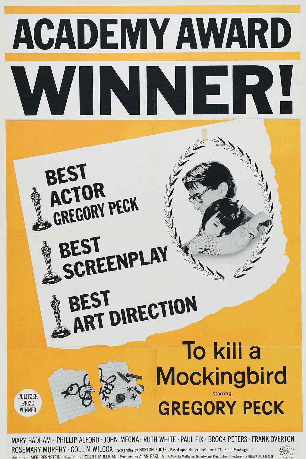 Original movie poster for To Kill a Mockingbird featuring Gregory Peck and a child, surrounded by text promoting the film's multiple Academy Award wins.