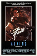 Original theatrical poster for James Cameron's Aliens showing Ripley holding Newt and a pulse rifle, against a dark backdrop with the tagline.