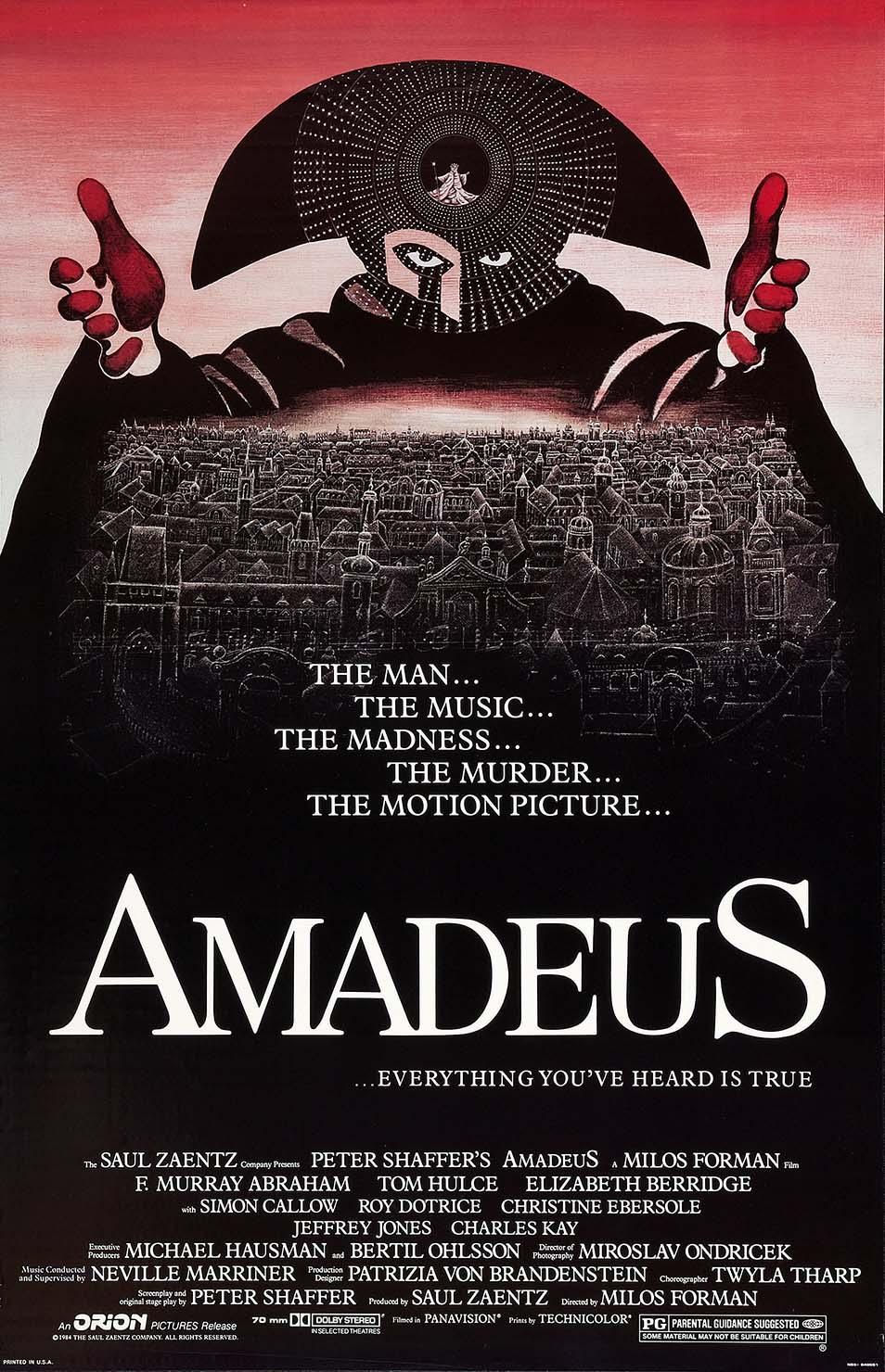 Original Amadeus 1984 movie poster showing a cloaked figure (Salieri) towering over Vienna with Mozart's image embedded in the hood.