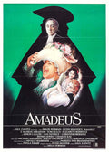 Official Amadeus 1984 movie poster showing the profile silhouette of Salieri looming over an ecstatic Tom Hulce as Mozart in a period costume.