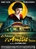 Iconic Amélie movie poster featuring Audrey Tautou smiling above the Café des 2 Moulins in Paris, rich with cinematic color and whimsical design.