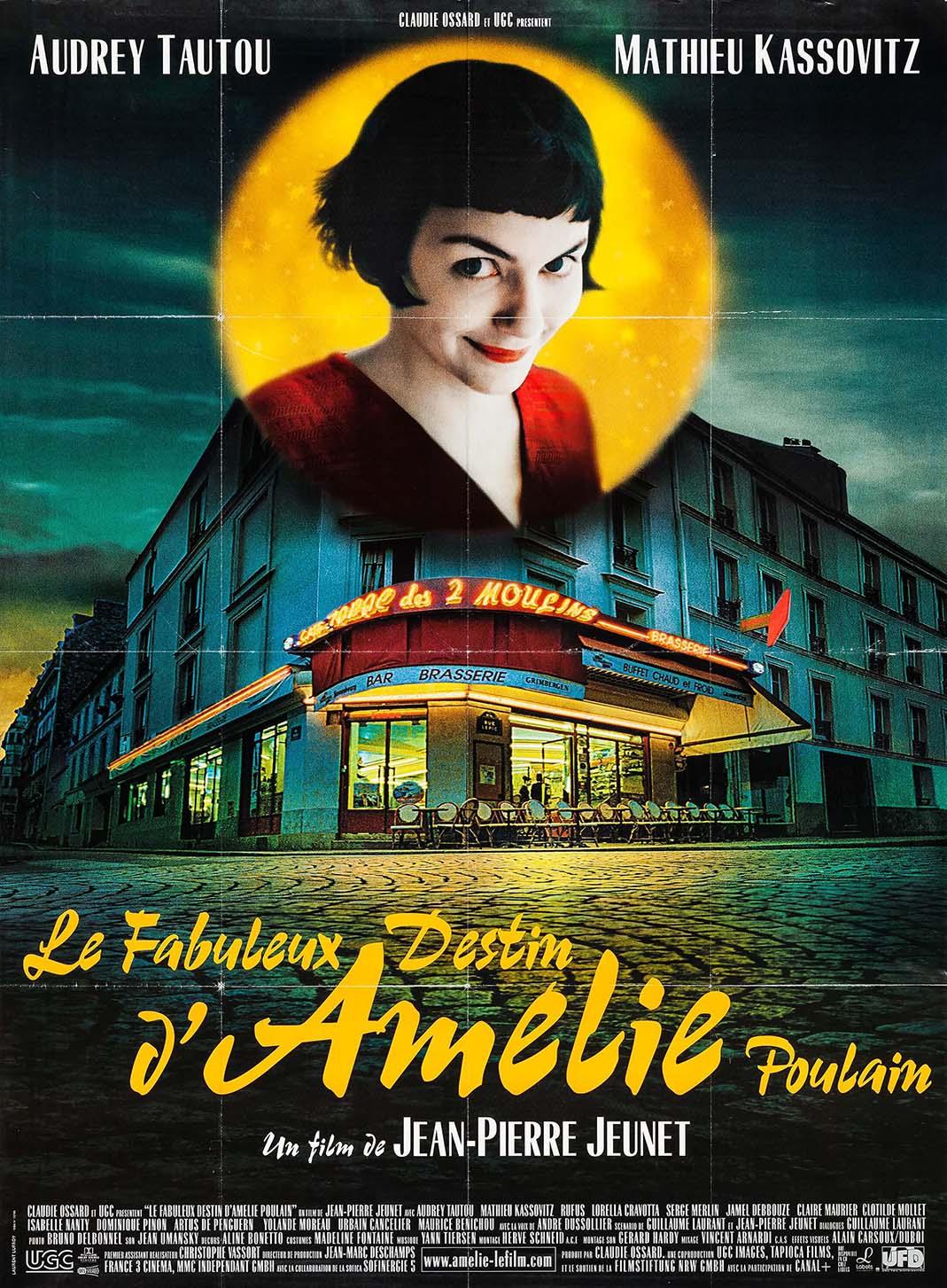Iconic Amélie movie poster featuring Audrey Tautou smiling above the Café des 2 Moulins in Paris, rich with cinematic color and whimsical design.