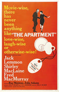 Iconic movie poster for The Apartment showing Jack Lemmon and Shirley MacLaine silhouettes dancing on an orange background next to a key illustration.
