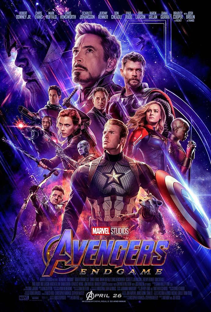 Official theatrical poster for Avengers: Endgame showing the main heroic cast including Captain America, Iron Man, Thor, and Thanos lurking in the background amidst cosmic purple energy.