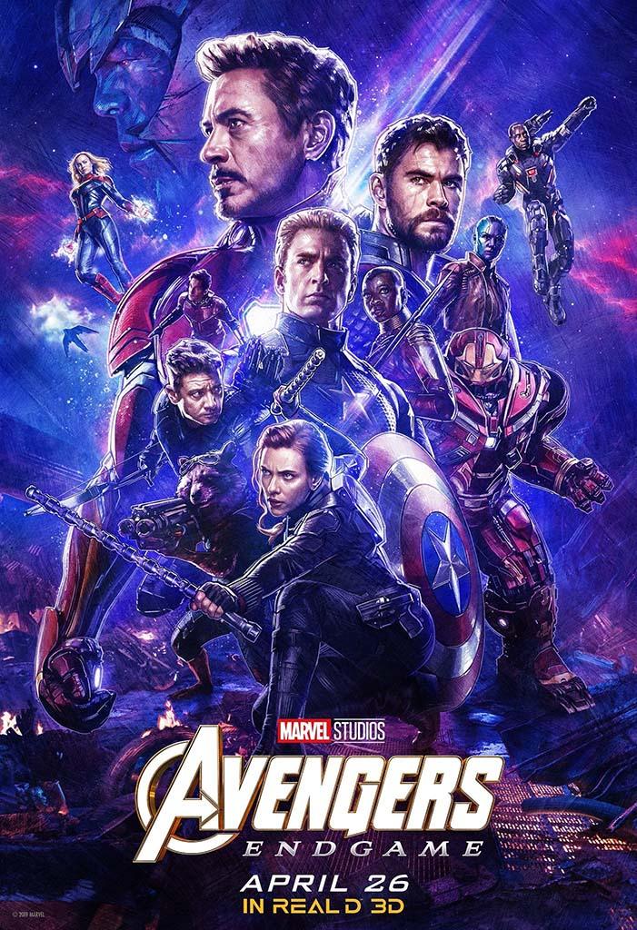 Official theatrical poster for Avengers: Endgame showing Iron Man, Captain America, Thor, Black Widow, and the full MCU hero team ready for the final battle against a cosmic background.