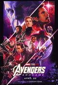 Stylized Avengers Endgame movie poster showing Iron Man, Captain America, Thor, Black Widow, and Thanos in a cosmic, purple and red color scheme.