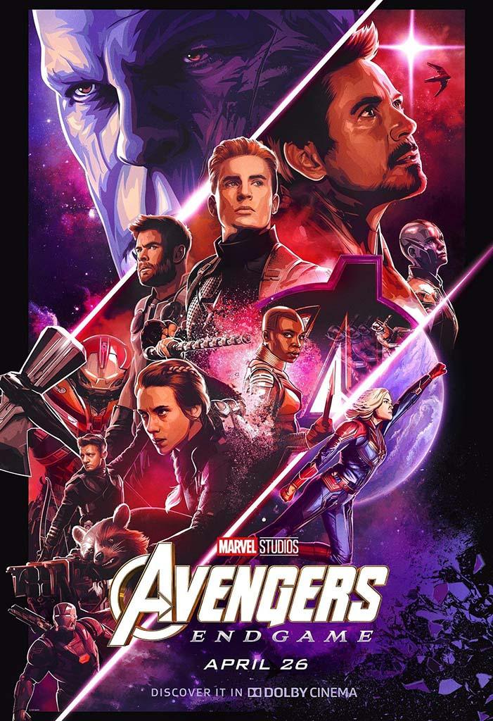 Stylized Avengers Endgame movie poster showing Iron Man, Captain America, Thor, Black Widow, and Thanos in a cosmic, purple and red color scheme.