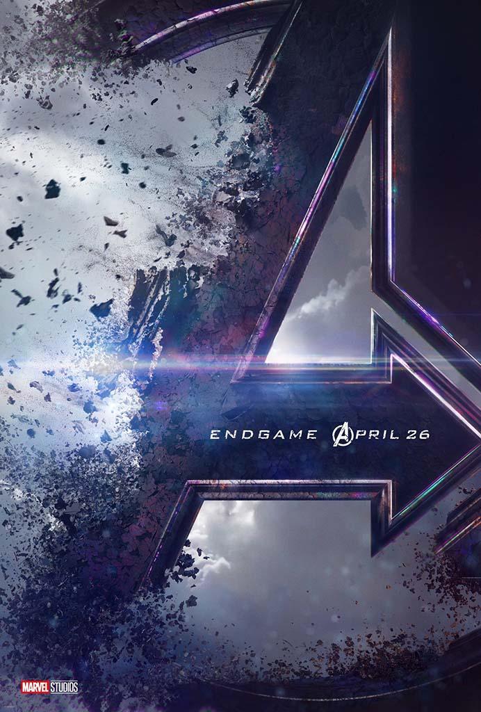 The official teaser movie poster for Avengers: Endgame, showing the disintegrating Avengers logo against a dramatic, cloudy sky and featuring the word ENDGAME.