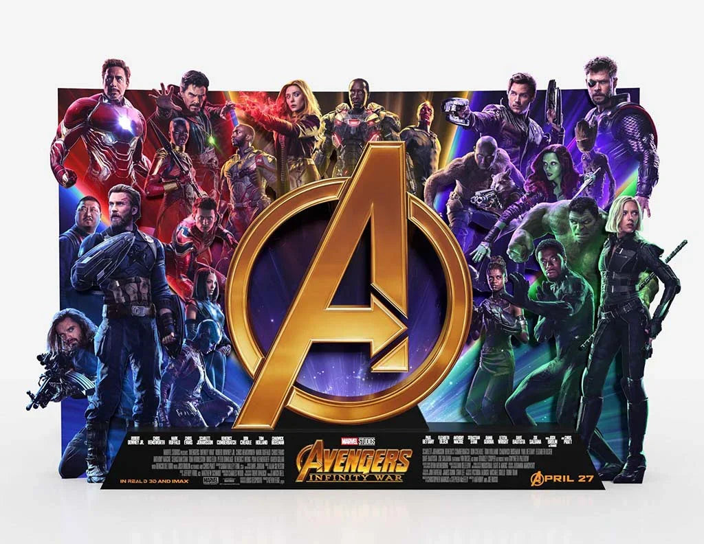 Avengers: Infinity War theatrical standee poster featuring the full cast including Captain America, Iron Man, Black Widow, Doctor Strange, and the Guardians of the Galaxy.