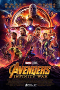 Official Avengers Infinity War movie poster featuring Thanos, Iron Man, Captain America, Thor, and the large MCU ensemble cast against a cosmic background.