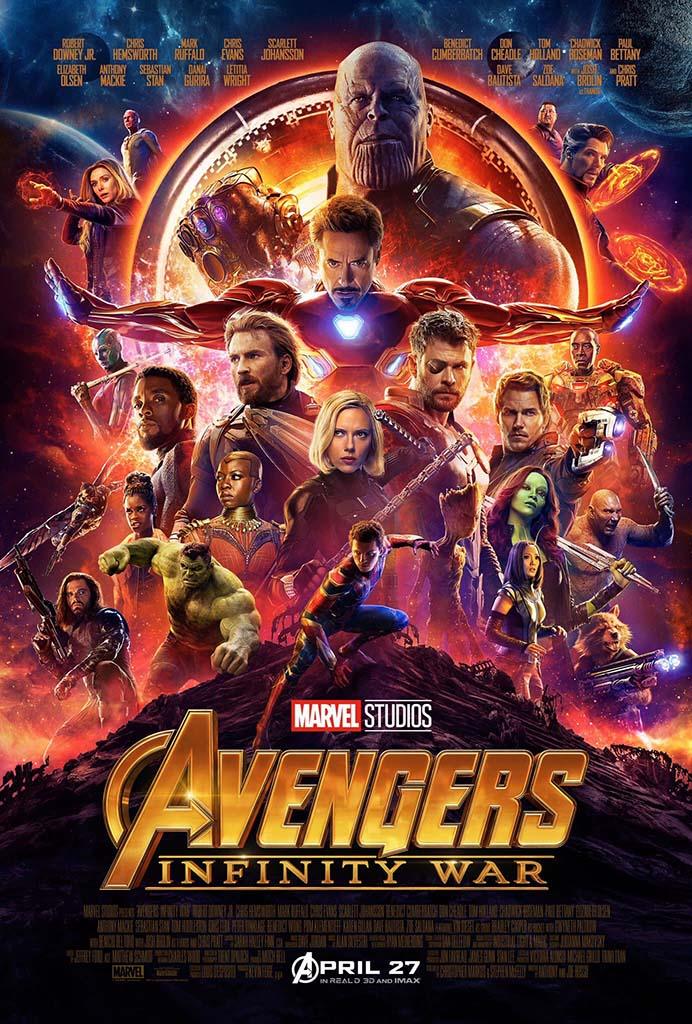Official Avengers Infinity War movie poster featuring Thanos, Iron Man, Captain America, Thor, and the large MCU ensemble cast against a cosmic background.