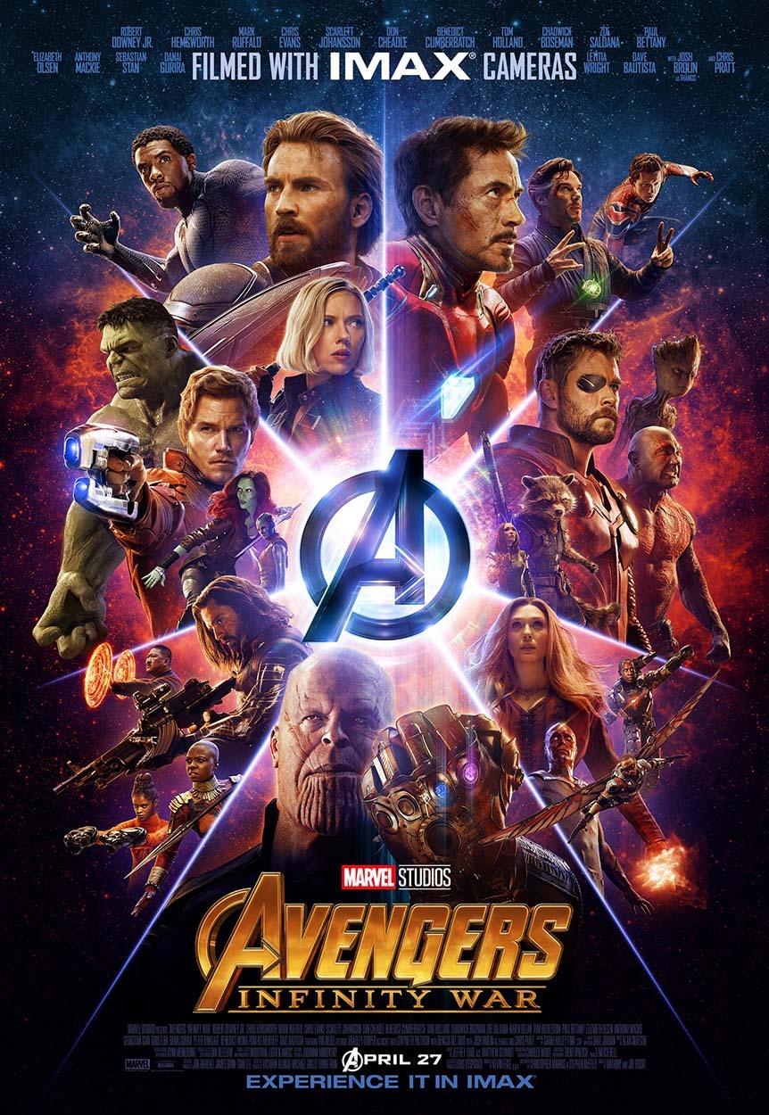 Official Avengers: Infinity War theatrical poster featuring the entire ensemble cast including Iron Man, Captain America, Thor, and Thanos with the Infinity Gauntlet.