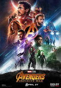 Official Avengers: Infinity War movie poster featuring Iron Man, Captain America, Thor, Black Panther, Gamora, and the full MCU ensemble cast against a dark cosmic background.