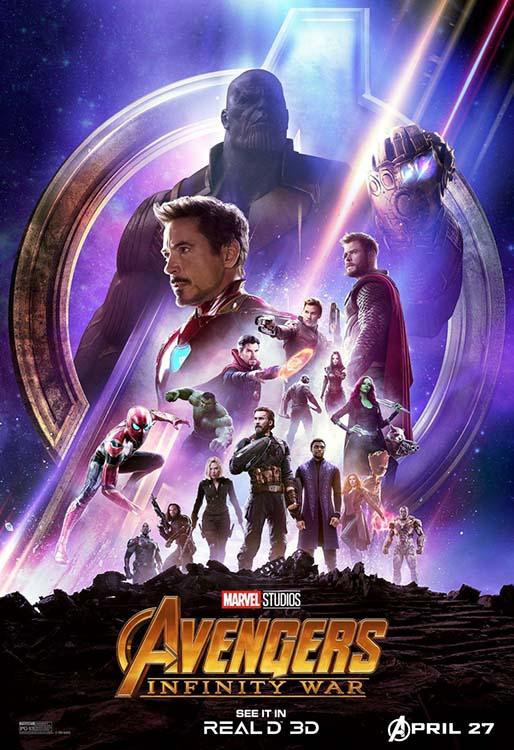 Official poster for Avengers: Infinity War showing Iron Man, Thor, Spider-Man, and other heroes confronting a giant Thanos in the cosmic background.