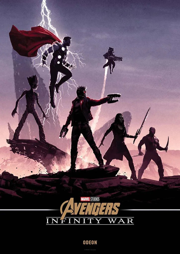 Stylized poster of Avengers Infinity War showing Thor with lightning and the Guardians of the Galaxy silhouetted against a purple, stormy sky.