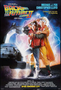 Back to the Future Part II original theatrical poster featuring Doc Brown and Marty McFly reacting to time travel lightning beside the DeLorean time machine.