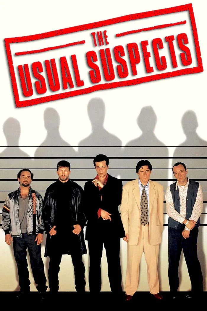 Iconic movie poster for The Usual Suspects featuring the five main suspects standing in a police lineup against a height chart background.