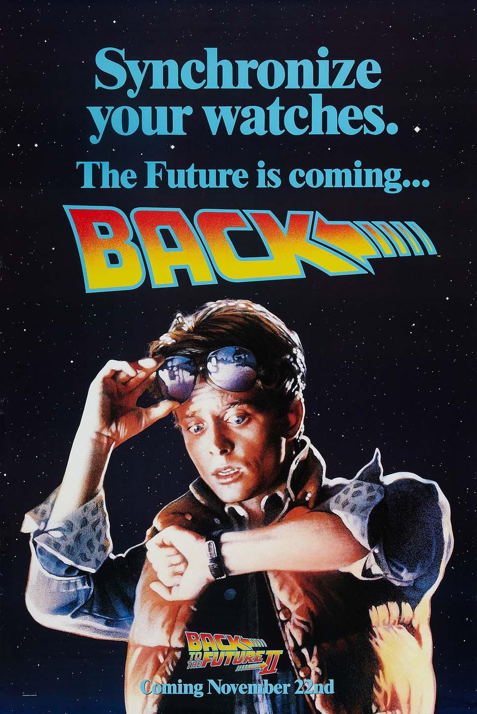 Original theatrical poster for Back to the Future Part II showing Marty McFly (Michael J. Fox) checking his wristwatch against a starry space background with the title text above.