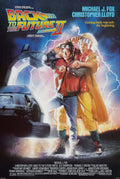 Original theatrical poster for Back to the Future Part II showing Marty McFly and Doc Brown standing next to the DeLorean time machine surrounded by lightning.