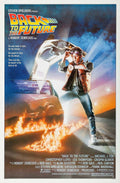 Back to the Future original poster showing Marty McFly next to the DeLorean leaving fiery time-traveling tracks from the skid.