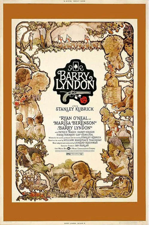 Original theatrical poster for Stanley Kubrick's Barry Lyndon, featuring detailed 18th-century period illustrations and a central title logo.