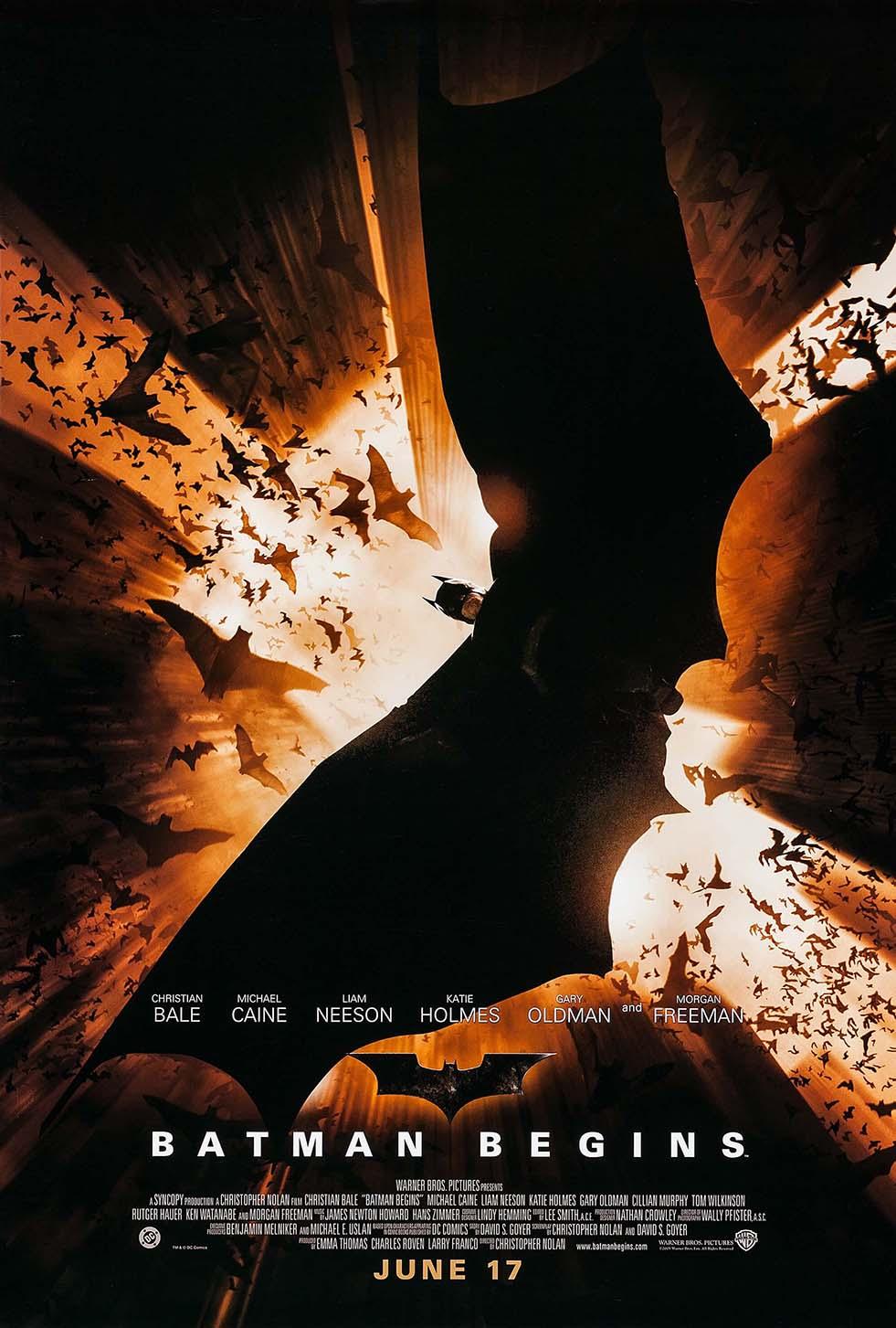 Dramatic poster art for Batman Begins showing Christian Bale's Batman silhouette with a swarm of bats backlit by an intense orange light.