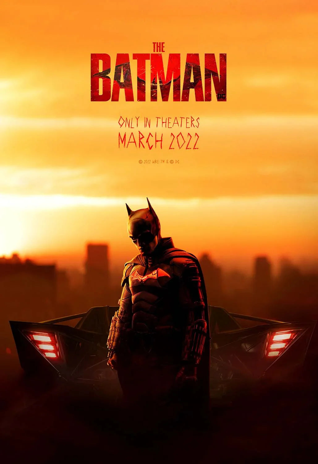 Official promotional poster for The Batman (2022) showing Robert Pattinson's character standing in front of his car against a vivid orange sunset backdrop.