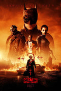 Official theatrical poster for The Batman (2022) featuring Batman, Catwoman, Penguin, and The Riddler under a dramatic, fiery orange Gotham sky.