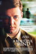 Official poster for the film A Beautiful Mind showing a close-up of Russell Crowe as John Nash with a quote on a textured background.